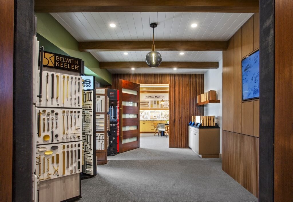 Interior view of the Green Room looking into Entrance Room at CDM Hardware in Costa Mesa, featuring Belwith Keeler, Atlas Homewares, Schaub & Co, Karcher Design, Armac Martin, Trustile.